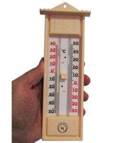 مشاهده ابعاد دماسنج ماکزیموم و مینیموم جیوه ای کلید دار با قرار گیری در یک دست
