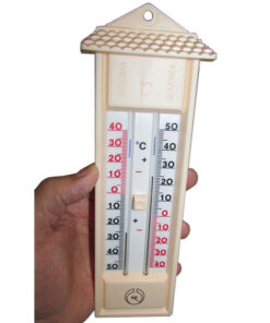 نمای بالایی و مشاهده بخش سایه بان دماسنج ماکزیمم و مینیمم کلید دار جیوه ای آنالوگ